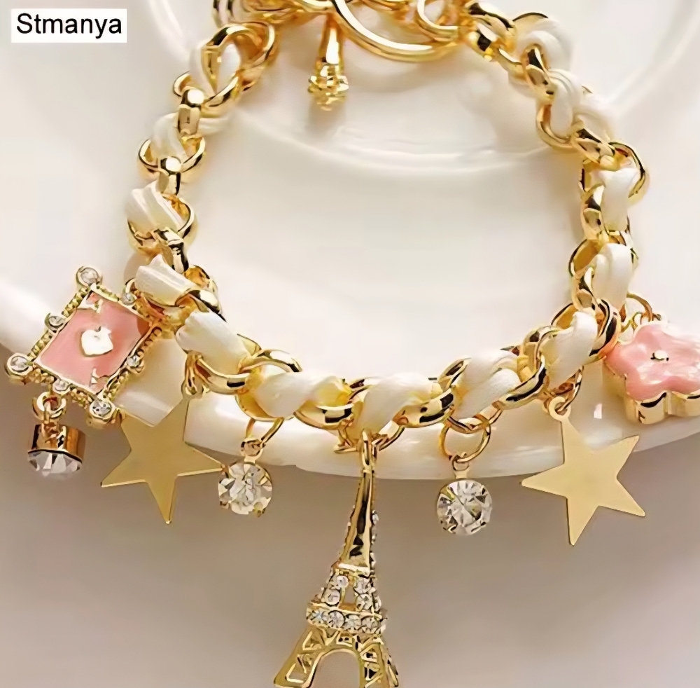 Gold and White Eiffel Tower Charm Bracelet